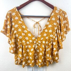 Forever 21 Womens Top Sz M Mustard Floral Ruffle Boho Cottage Whimsigoth Hippie